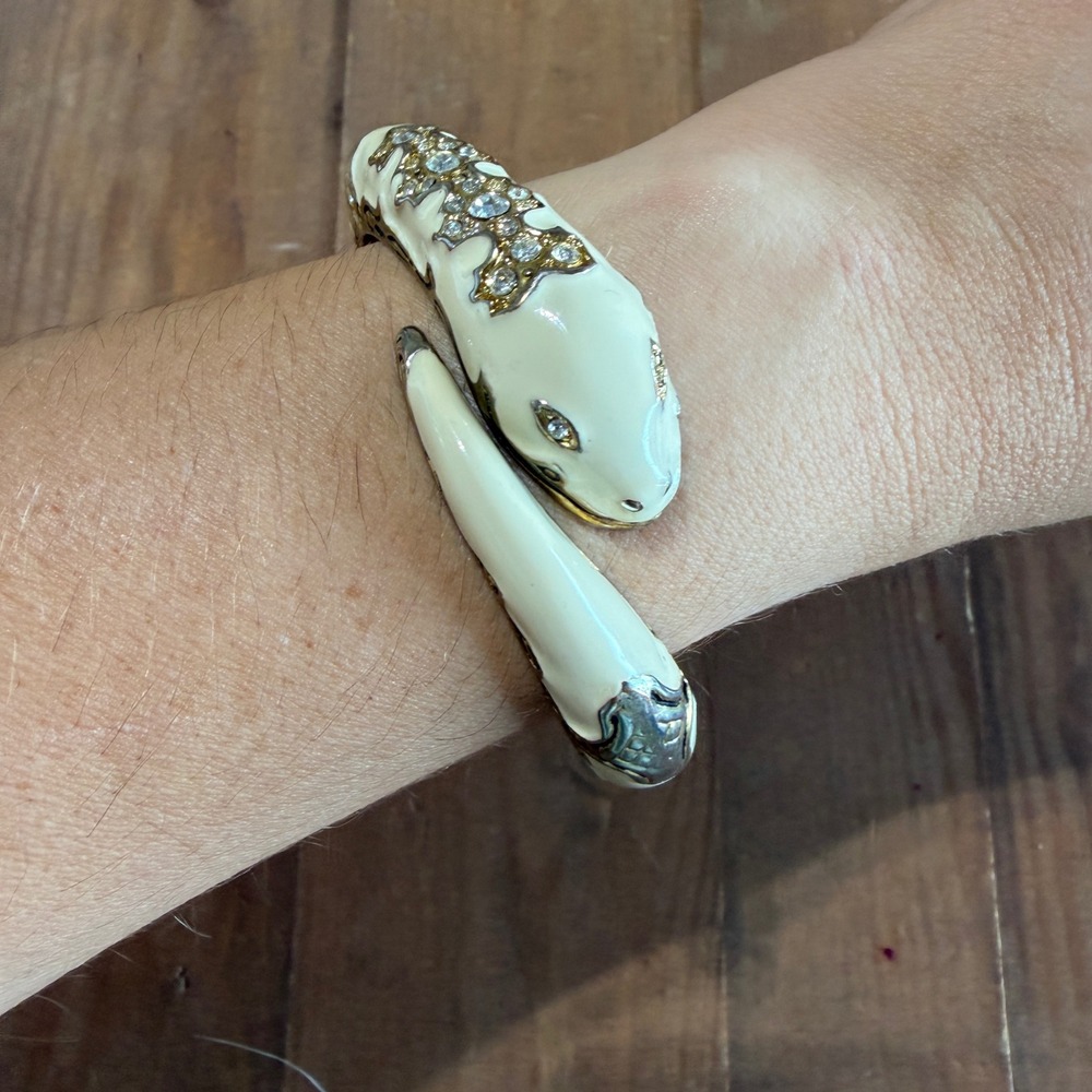 Cream Enamel Snake Bangle Bracelet Gold Tone Rhinestone Bypass Hinge